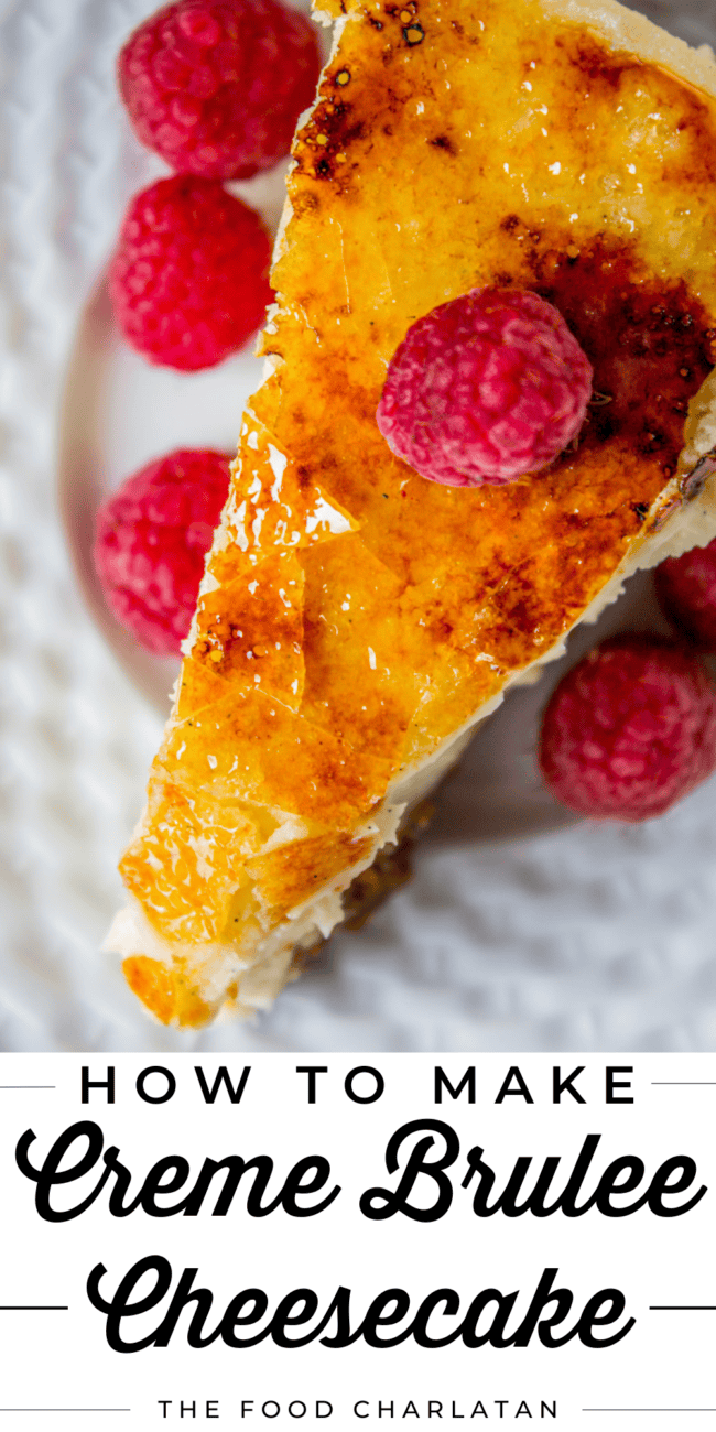 a slice of creme brulee cheesecake with fresh raspberries.