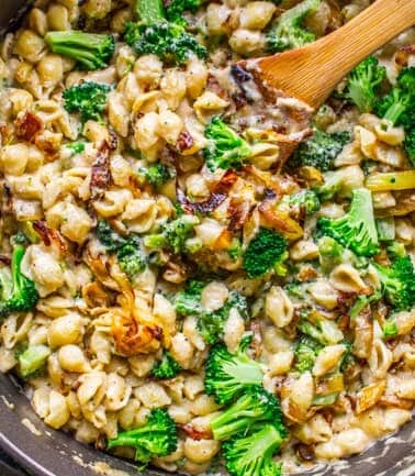 Mac and Cheese with Caramelized Onions and Broccoli from The Food Charlatan