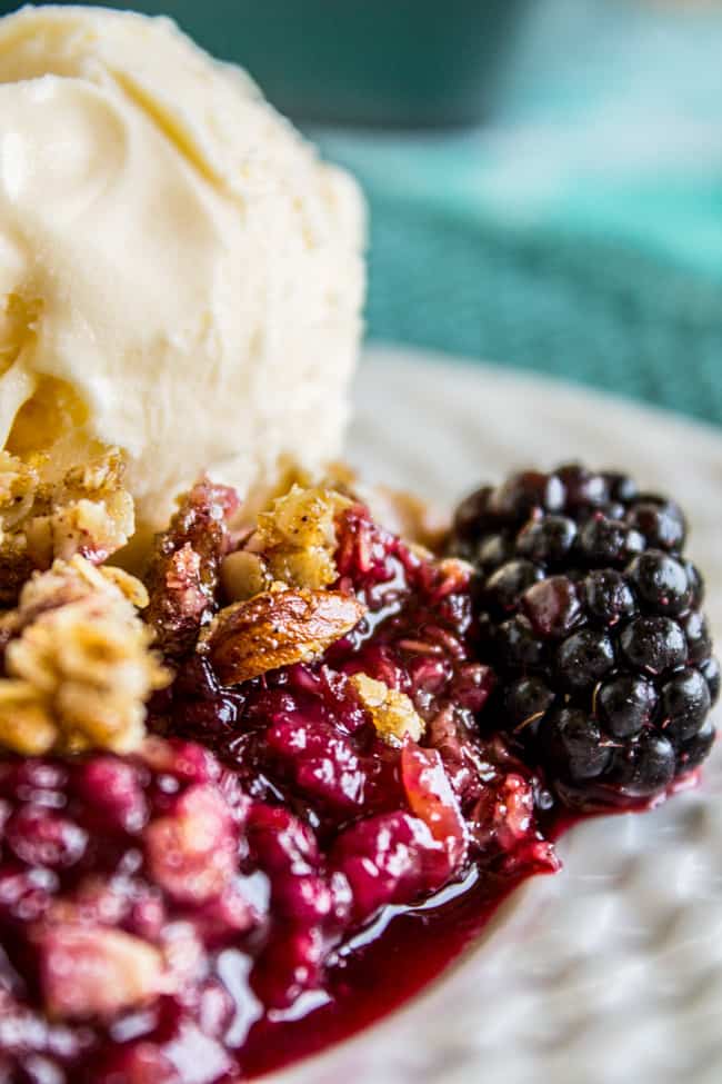 Close-up of blackberry cobbler with ice cream and fresh blackberry in a dish.