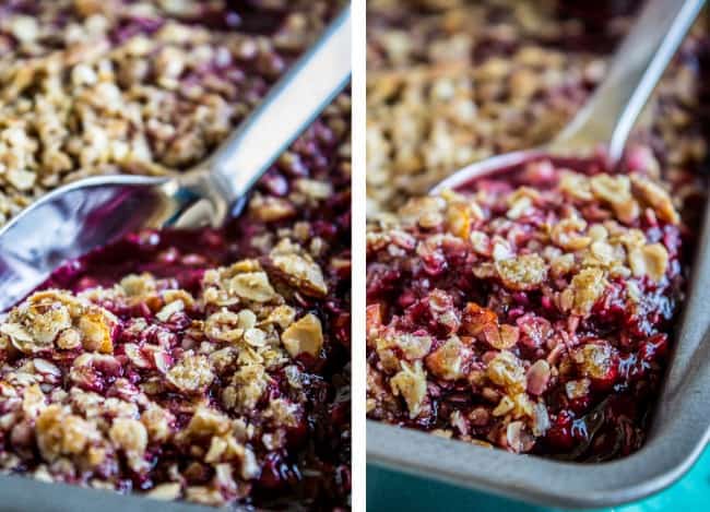 Blackberry cobbler being scopped out of the pan.