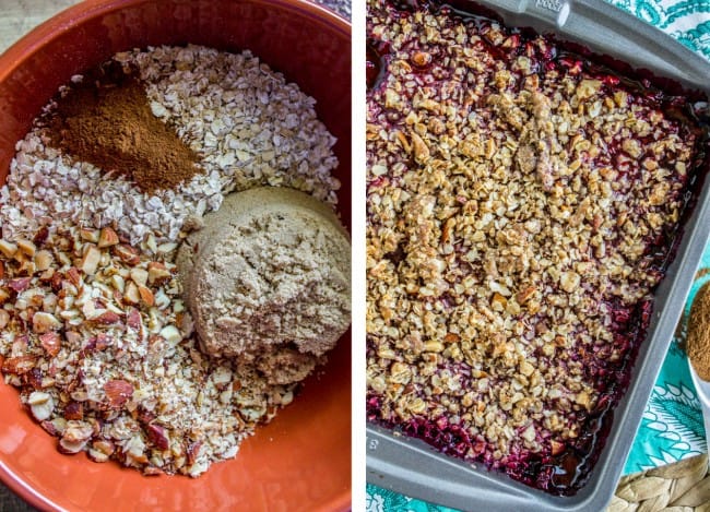 Creating the almond oat crunch topping for blackberry cobbler.