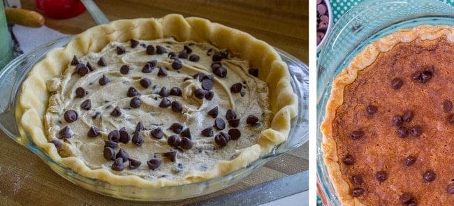 a prep picture of chocolate chip cookie pie, raw and unbaked in a pie tin. Next to it is a photo of the chocolate  cookie pie fully baked. 
