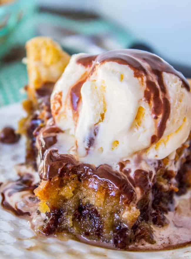 Chocolate Chip Pie with melting ice cream and hot fudge. 