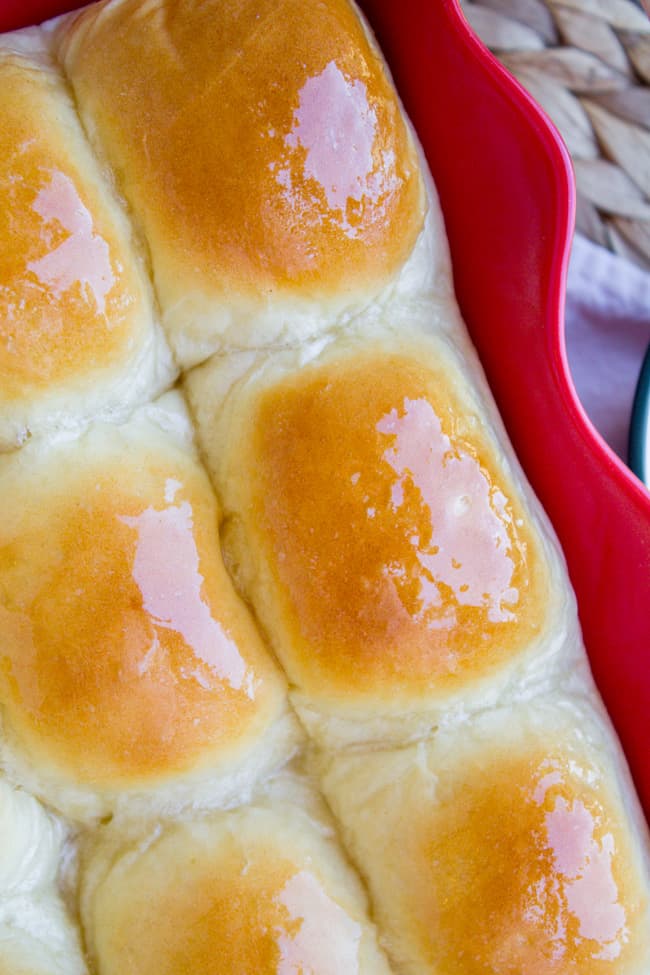 Overhead shot of glistening buttery rolls.