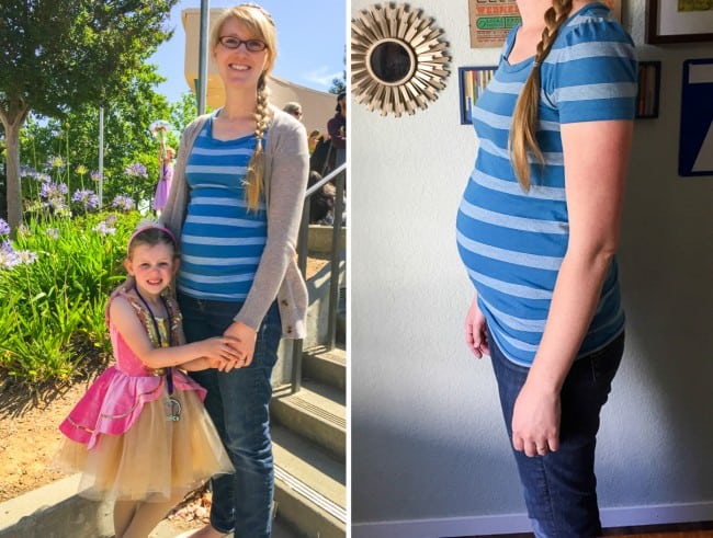 First-trimester pregnant mother and daughter.