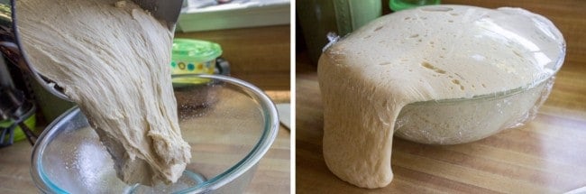 Rising dinner roll dough, overflowing its bowl.