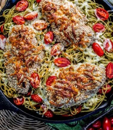 Almond-Crusted Chicken with Homemade Pesto Pasta from The Food Charlatan