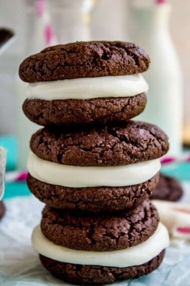 Homemade Oreos with Cream Cheese Frosting (Cake Mix Cookies) from The Food Charlatan