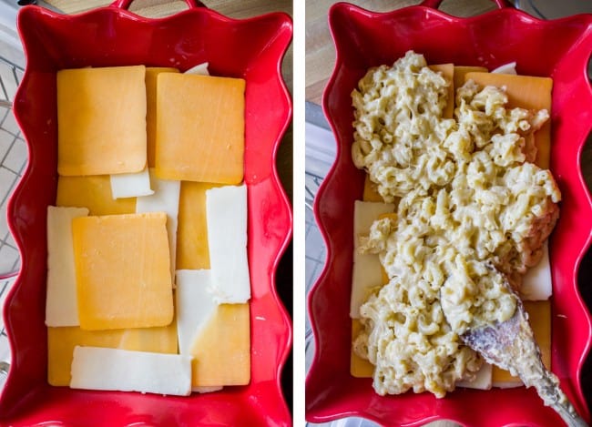 layering pasta mixed with cheese sauce and sliced cheese into a baking pan.