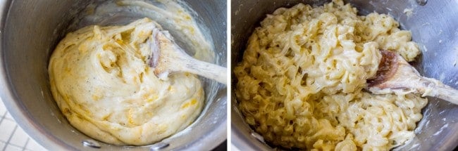 stirring macaroni into cheese sauce. 