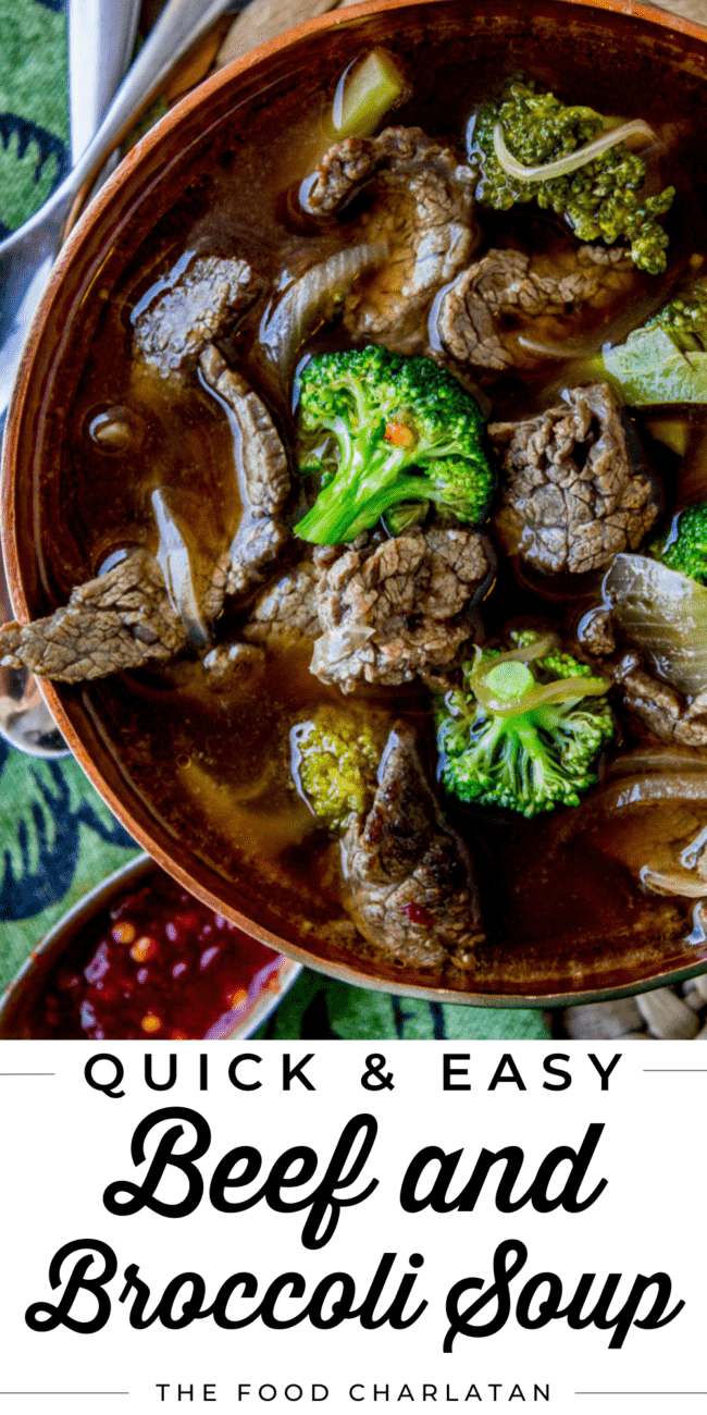 beef and broccoli soup in a brown bowl.
