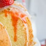 cream cheese pound cake with vanilla glaze and strawberry topping.