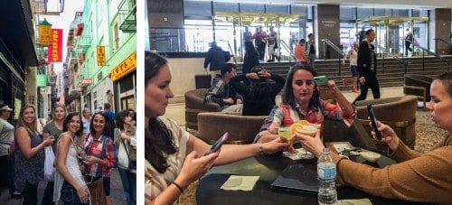 women taking pictures of their cocktails.