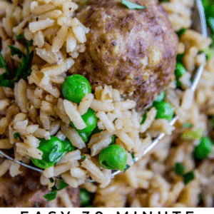 A close-up of a spoonful of rice, peas, and a meatball, with text below that reads: Easy 30 Minute One Skillet Meatballs & Rice - The Food Charlatan. Perfect for a quick, flavorful skillet dinner.