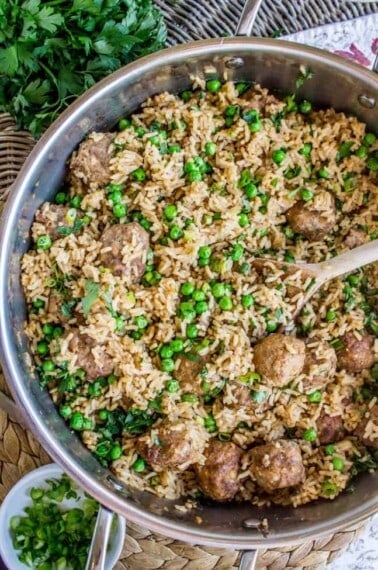 One Skillet Beef Meatballs with Rice and Peas from The Food Charlatan