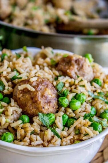 One Skillet Beef Meatballs with Rice and Peas from The Food Charlatan
