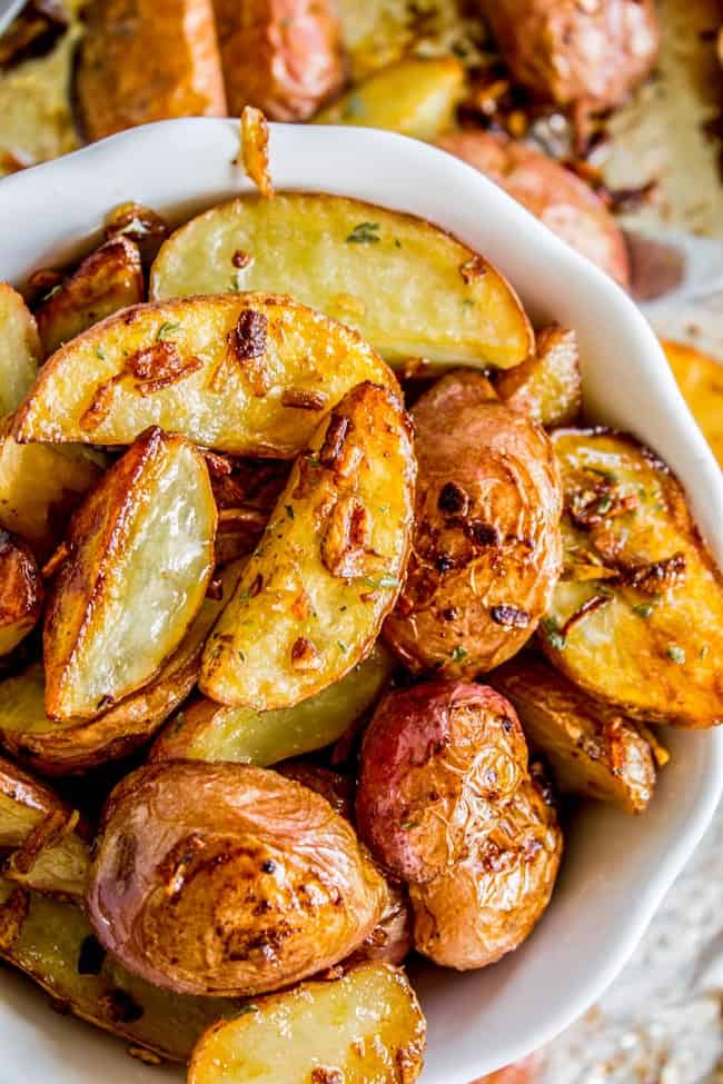 roasted potatoes with onions in a bowl.