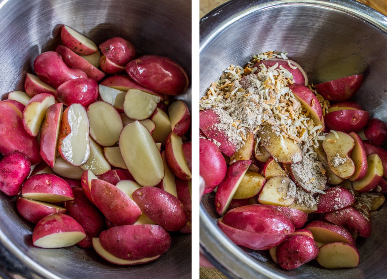mixing onion soup mix with red potatoes.