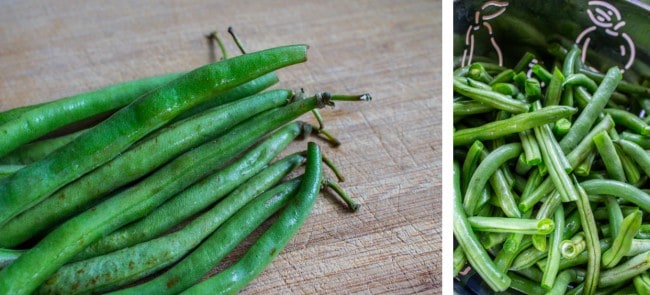 green beans ready to be trimmed for cooking. 