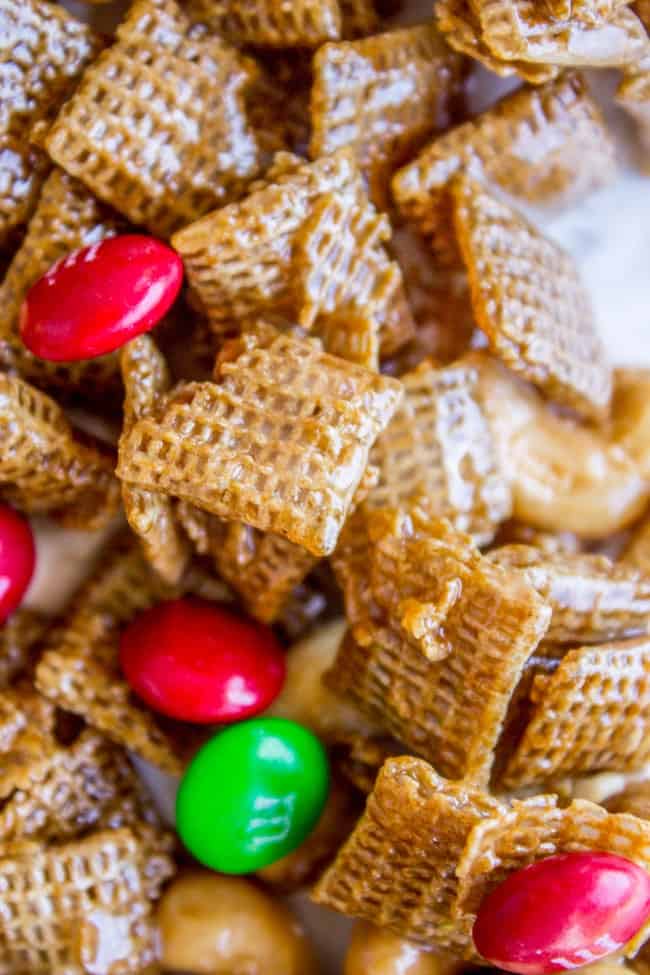 sweet and salty chex mix featuring red and green M&M's.