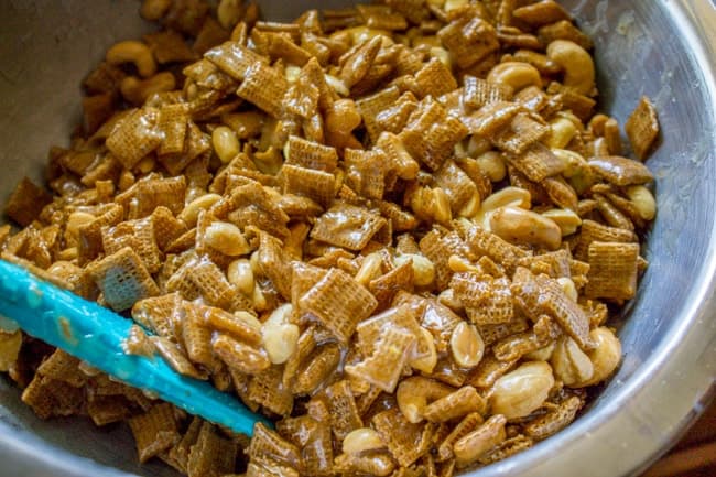holiday chex mix covered in glaze syrup.
