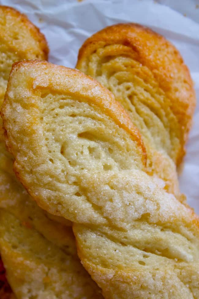 close up of the layers in swedish sour cream twist cookies.