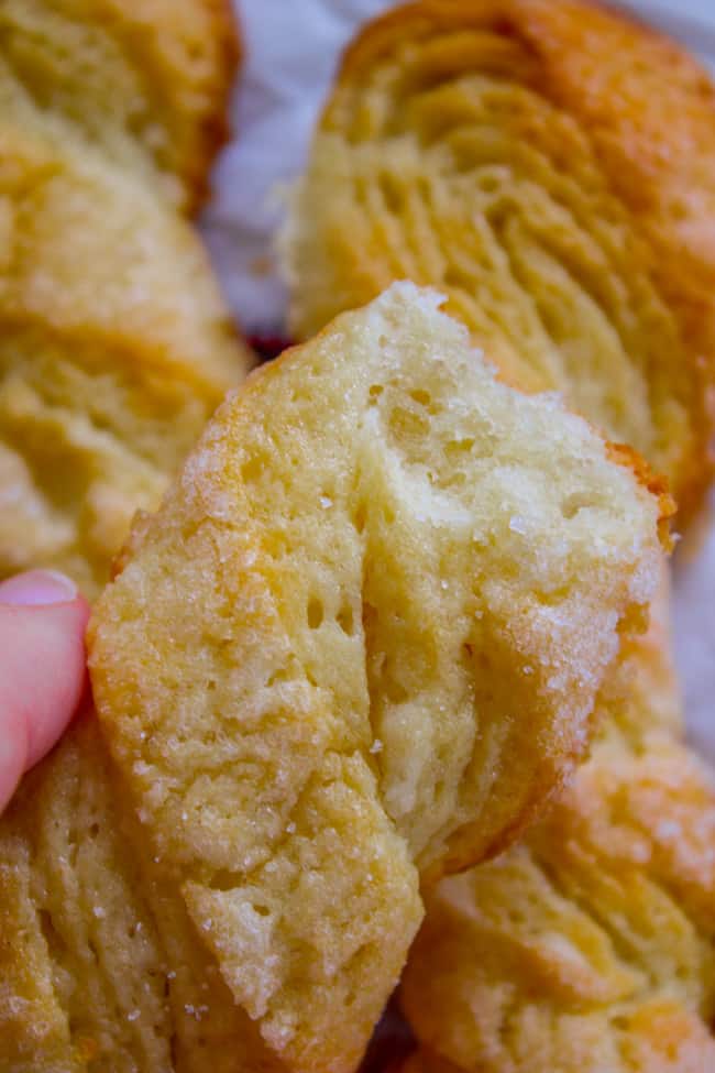 Showing the sugar and flakey layers of twist cookies.