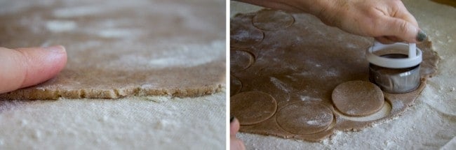 cutting out cookies and showing the thickness of spice cookie dough.