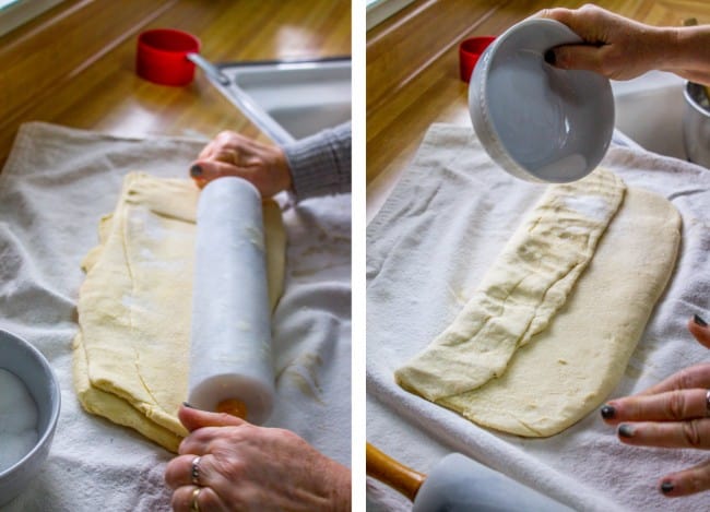 Rolling and cutting out Swedish Sour Cream Twists dough. 