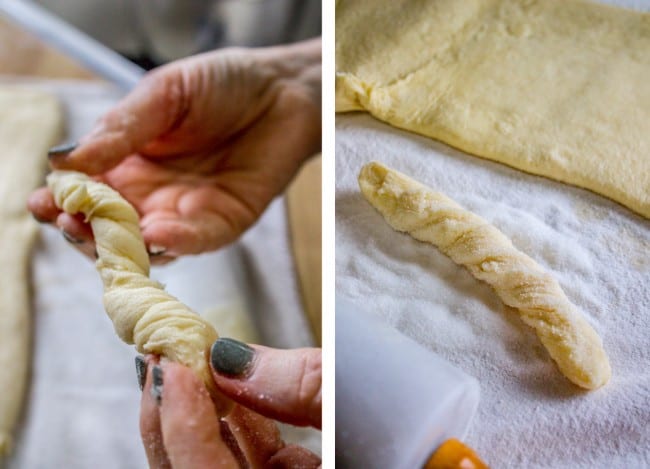 raw dough held in one hand and on a cheesecloth. 