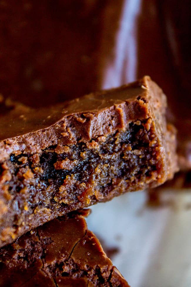 thick fudgy brownies with frosting.