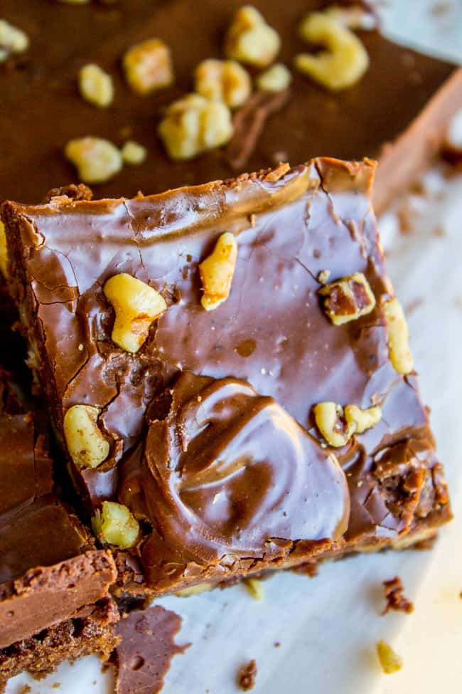 fudge frosted brownies with walnuts on top.