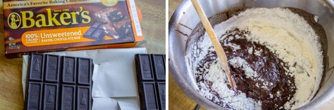 unsweetened baking chocolate, mixing brownie ingredients in a bowl.