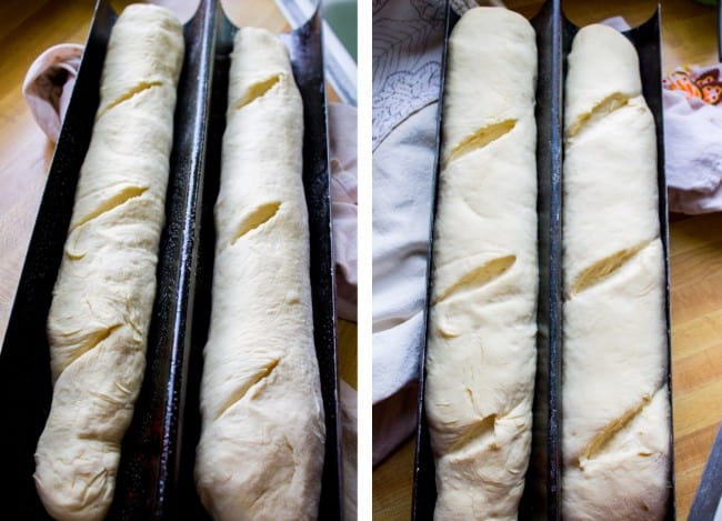 One Hour French Bread from The Food Charlatan. This delicious yeasty French bread recipe has only one 20-minute rise before going into a screaming hot oven for another 20 minutes. At the end you have golden crusty goodness just waiting to be slathered in butter or dipped in oil and balsamic! One hour, I promise!! #french #bread #homemade #easy #ideas #baguette #quick French bread loaves rising in a baguette pan.