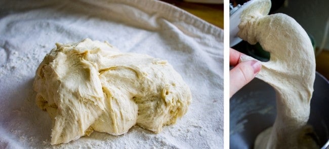 One Hour French Bread from The Food Charlatan. This delicious yeasty French bread recipe has only one 20-minute rise before going into a screaming hot oven for another 20 minutes. At the end you have golden crusty goodness just waiting to be slathered in butter or dipped in oil and balsamic! One hour, I promise!! #french #bread #homemade #easy #ideas #baguette #quick Kneading dough on a floured tea towel and testing its elasticity.