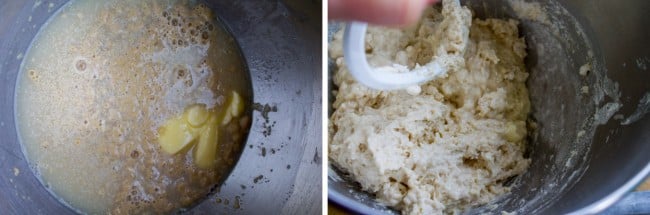 One Hour French Bread from The Food Charlatan. This delicious yeasty French bread recipe has only one 20-minute rise before going into a screaming hot oven for another 20 minutes. At the end you have golden crusty goodness just waiting to be slathered in butter or dipped in oil and balsamic! One hour, I promise!! #french #bread #homemade #easy #ideas #baguette #quick butter in proofing yeast in the bowl of a stand mixer, removing the dough hook from French bread dough.