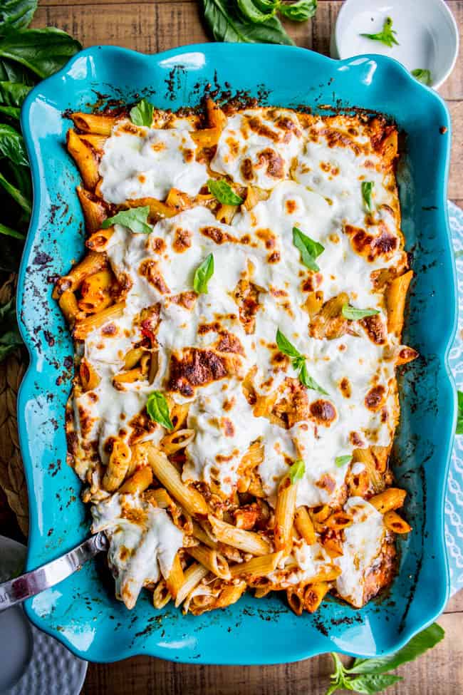 Extra Cheesy Penne and Mozzarella Casserole from The Food Charlatan
