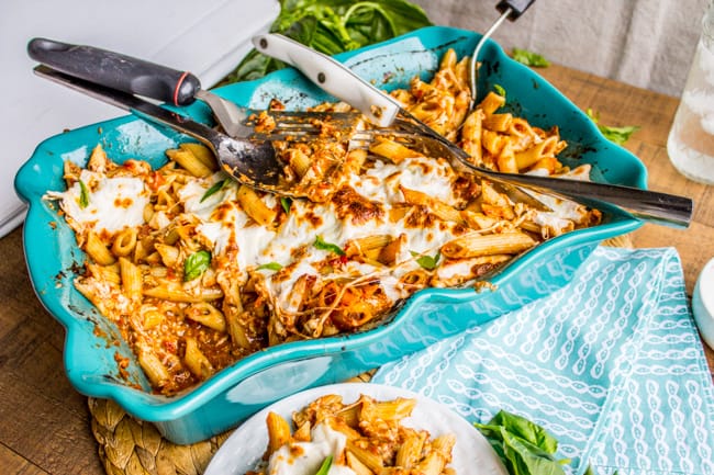 Extra Cheesy Penne and Mozzarella Casserole from The Food Charlatan