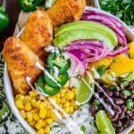 Beer-Battered-Fish Burrito Bowl with Orange Avocado Salsa from The Food Charlatan