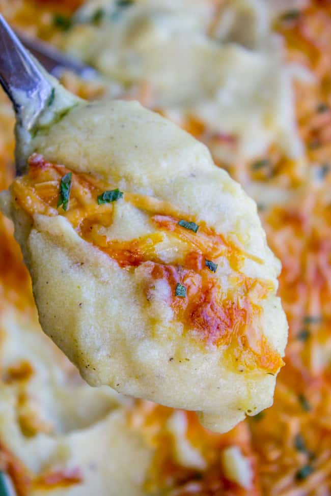 spoonful of cheesy mashed potatoes. 