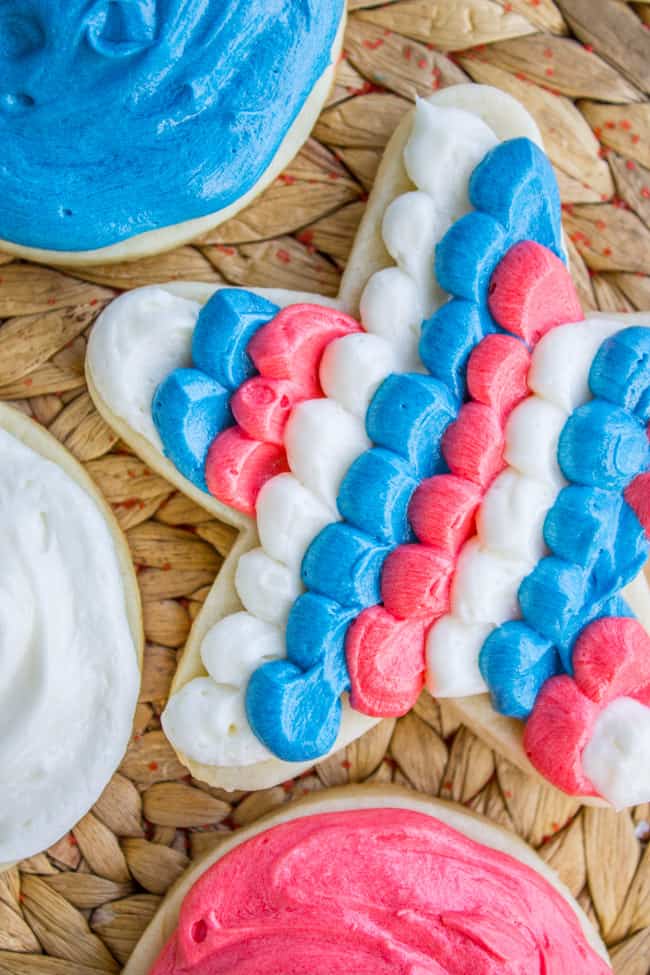 Red, white, and blue-frosted Fourth of July soft sugar cookie. 