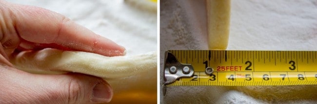 Sugar Cookie dough that's 3/4 inch thick next to a ruler measuring 3/4 inch.