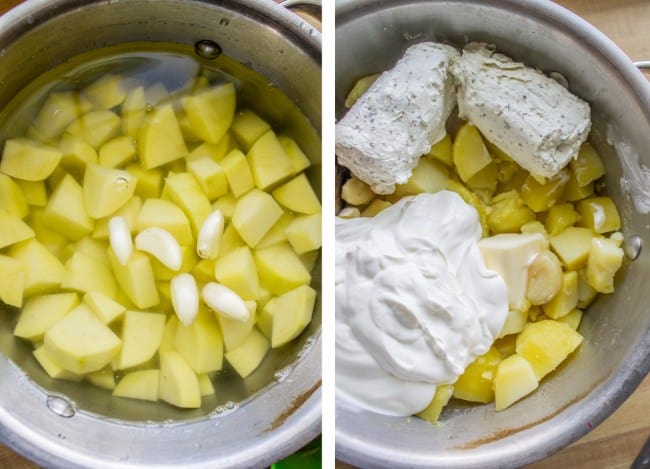 boiled mashed potatos and goat cheese and garlc in a big pot, ready to be mashed. 
