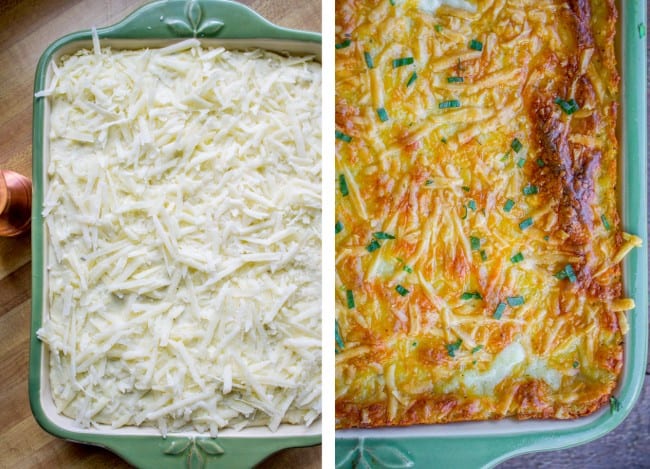 before and after mashed potatoes in a big baking pan--one uncooked and one cooked. 
