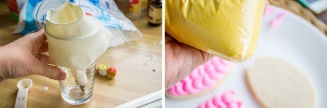 putting buttercream icing into a piping bag.