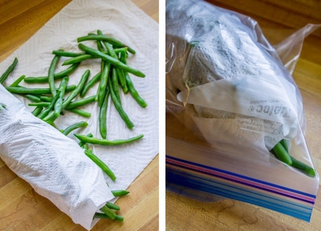 Lemon Dijon Green Beans Almondine from The Food Charlatan. Lemon Dijon Green Beans Almondine is super easy and has tons of flavor! How can you go wrong with butter (and maybe browning it a little?) and lemon and Dijon? You can even make this ahead of time if you plan to serve it for Thanksgiving dinner. #greenbean #almondine #almond #beans #lemon #dijon #mustard #garlic #brownedbutter #butter #sidedish #Thanksgiving #sauteed #fresh #healthy #easy #recipes #withalmonds drying blanched green beans with a paper towel, storing them in a plastic bag.