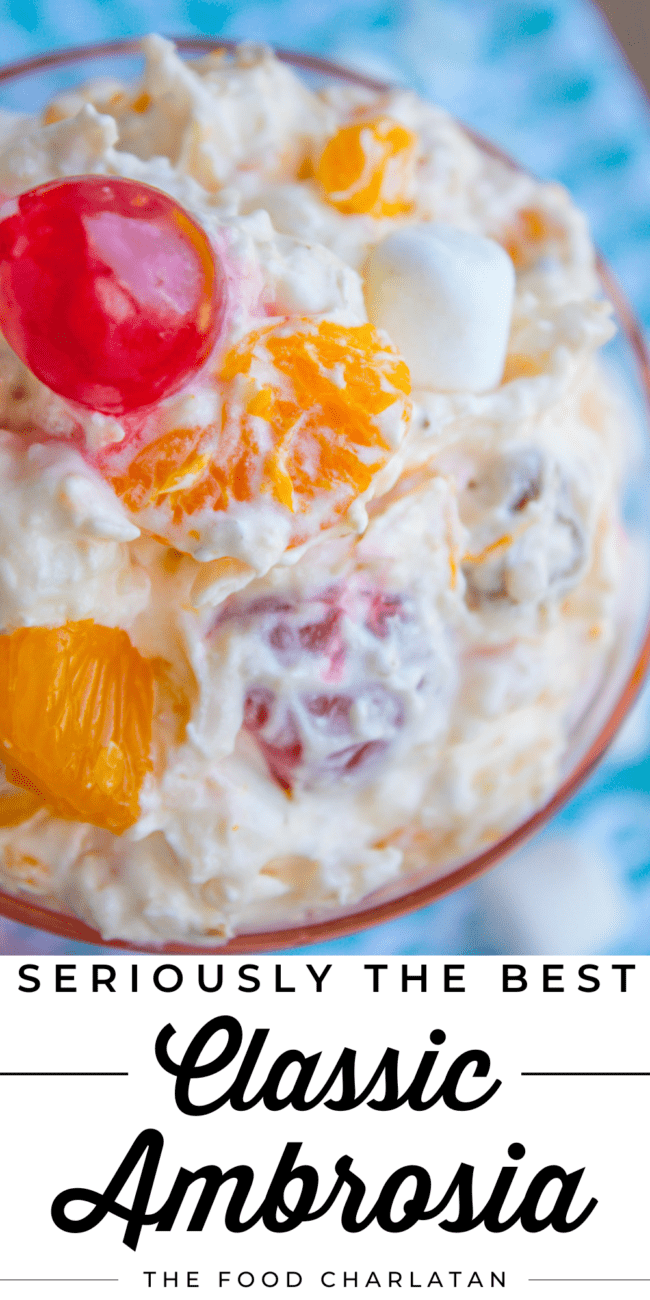 mandarin orange ambrosia salad in a glass dish.