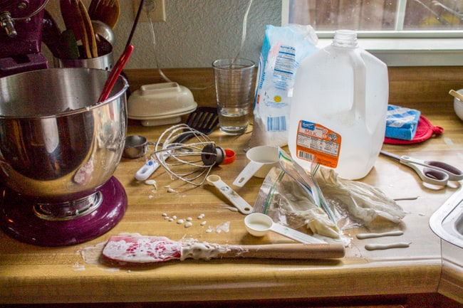a messy kitchen counter.