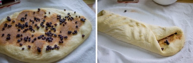 spreading cinnamon sugar and currants on roll dough, then rolling it up.