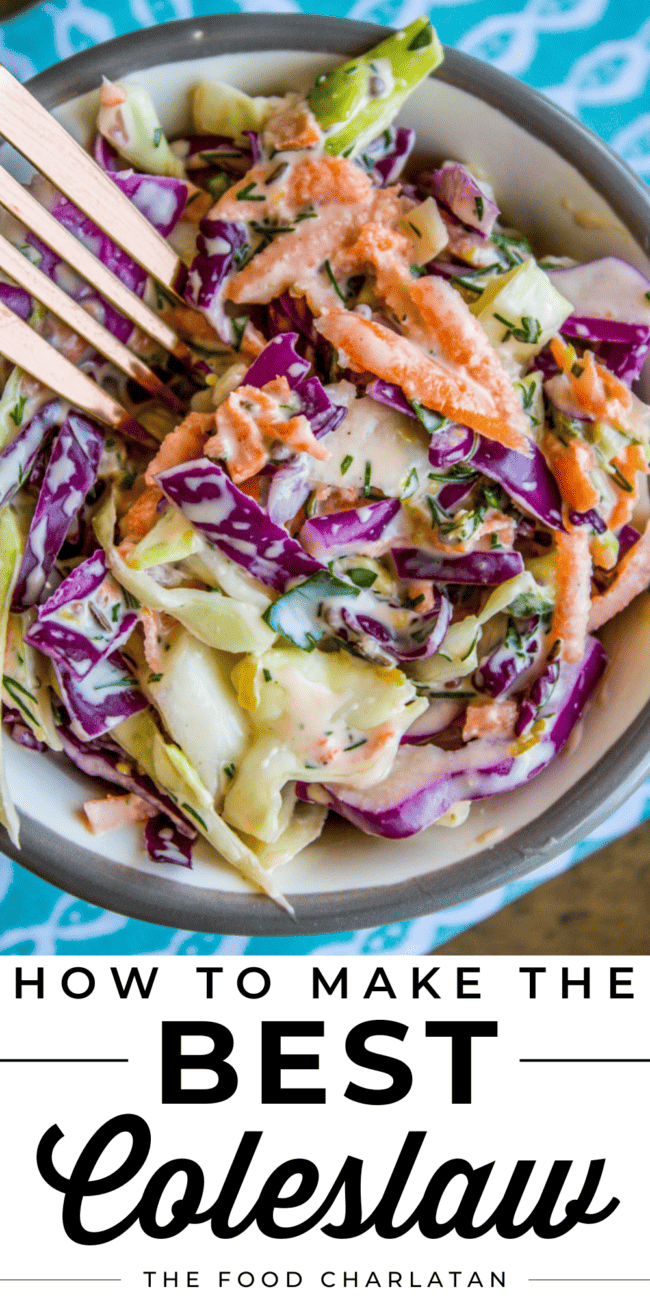 a bowl of coleslaw with a fork.
